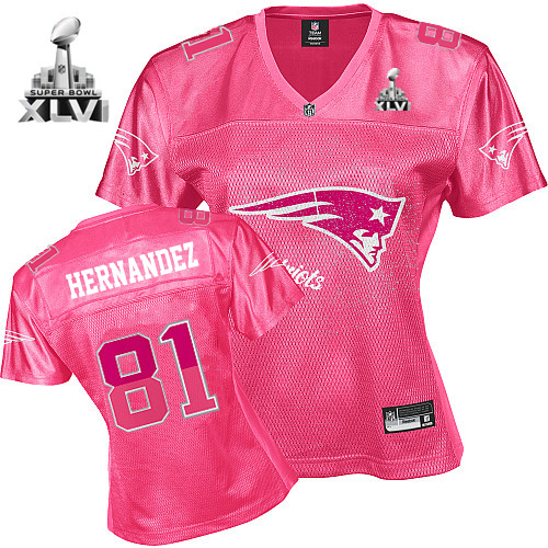 Patriots #81 Aaron Hernandez Pink 2011 Women's Fem Fan Super Bowl XLVI Stitched NFL Jersey - Click Image to Close